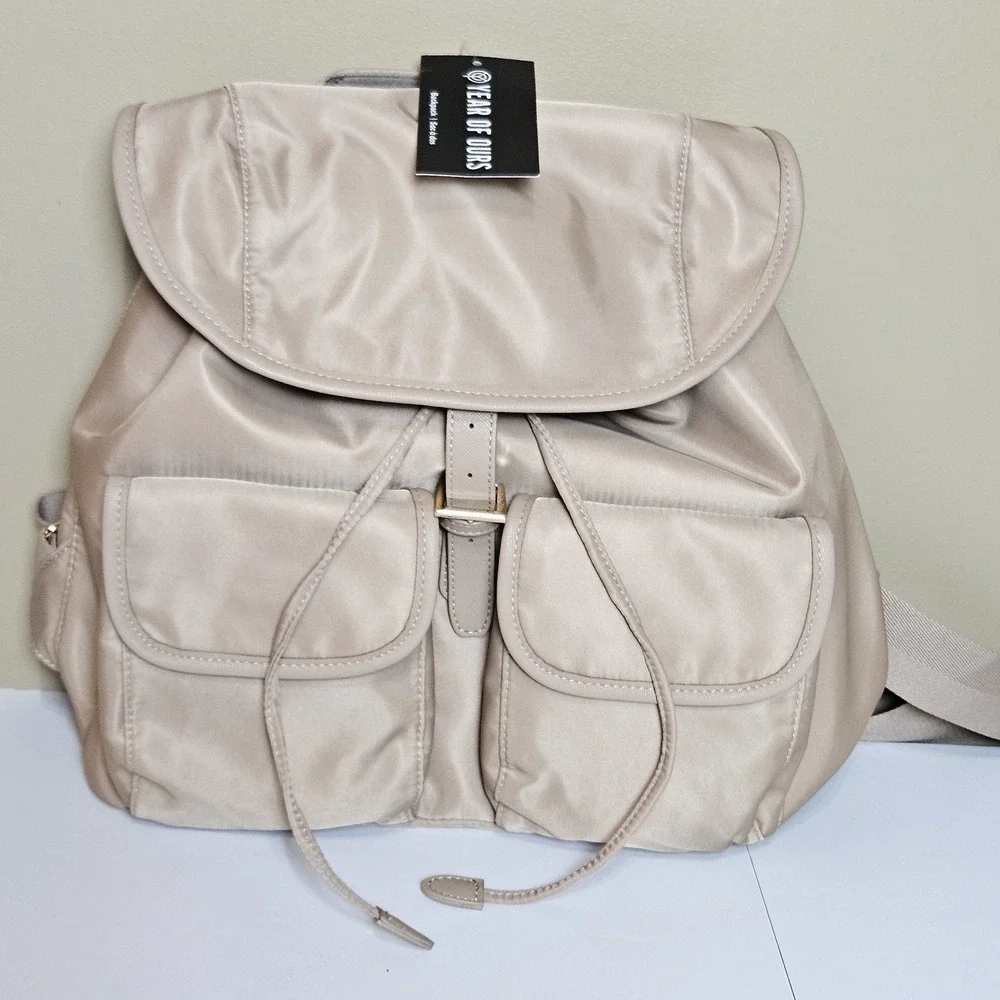 Year Of Ours Mini Backpack‎ Beige Nylon Flap Pocket Adjustable NWT